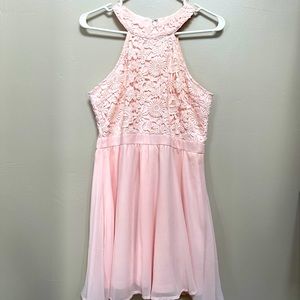 Lulus Lover’s Game Blush Pink Lace Skater Dress
